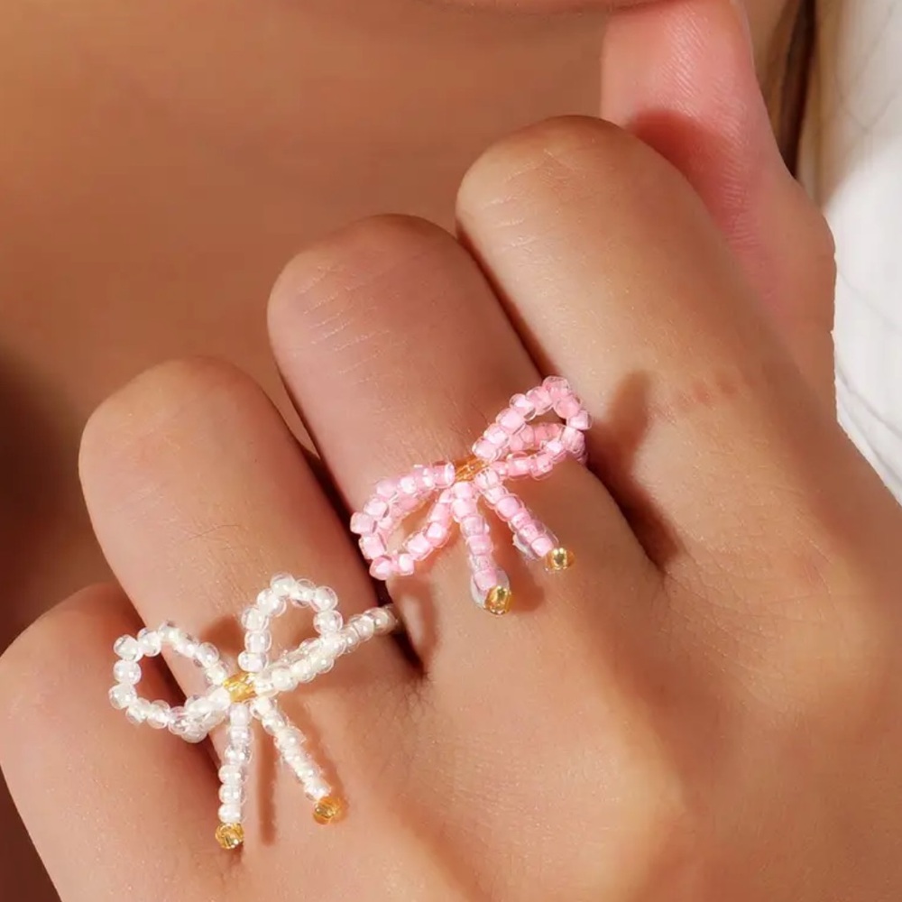 Boho-Chic Beaded Bow Ring - Elegant Glass Accent, Pink or White - NEW